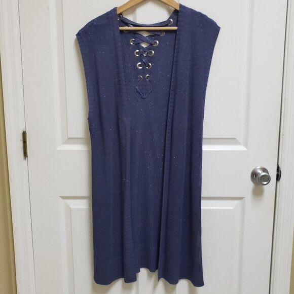 Chico's Sleeveless Cardigan Sweater Women L Blue Metallic Open Front Lace Back - Picture 1 of 7